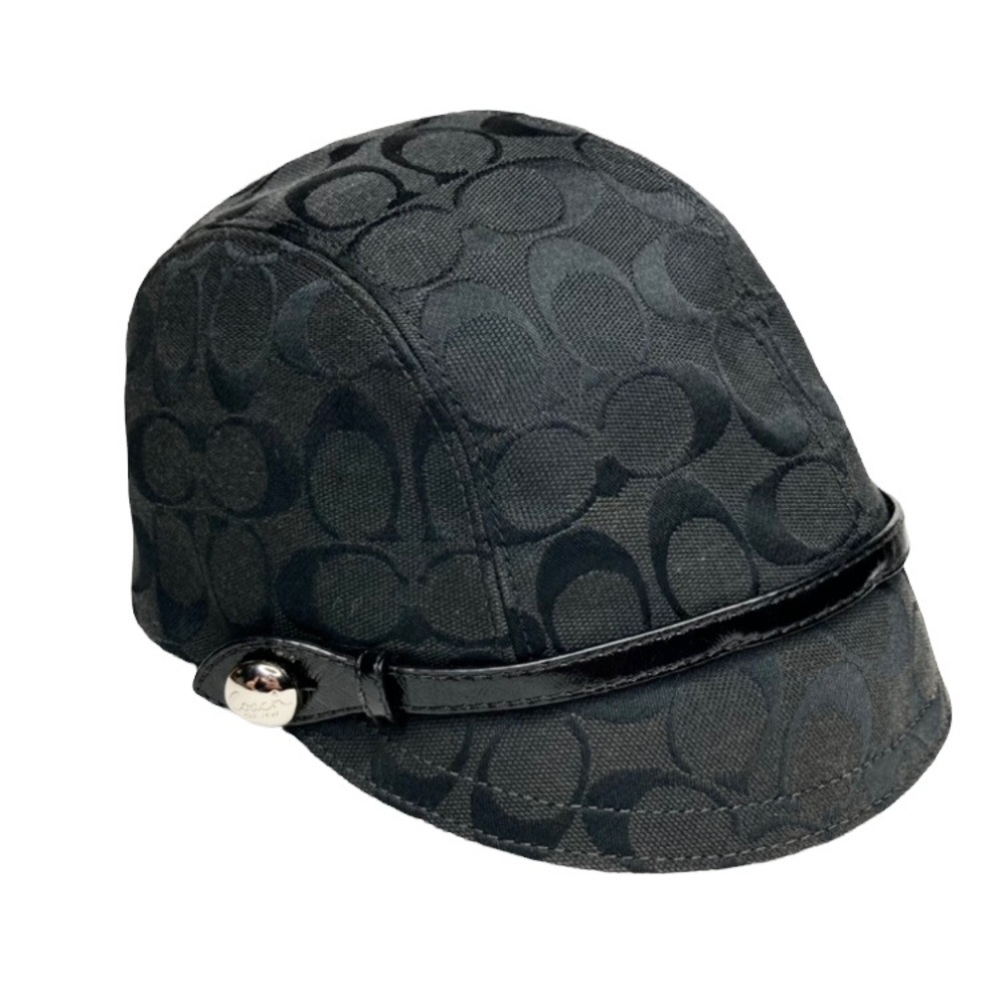 COACH Karee Newsboy Black Canvas/Patent Leather Accent Buckle Hat Silver  Button